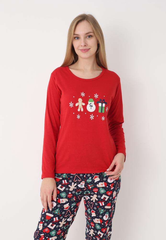 Pijama dama Craciun,maneca lunga si pantaloni lungi,imprimeu figurine festive, En-gros